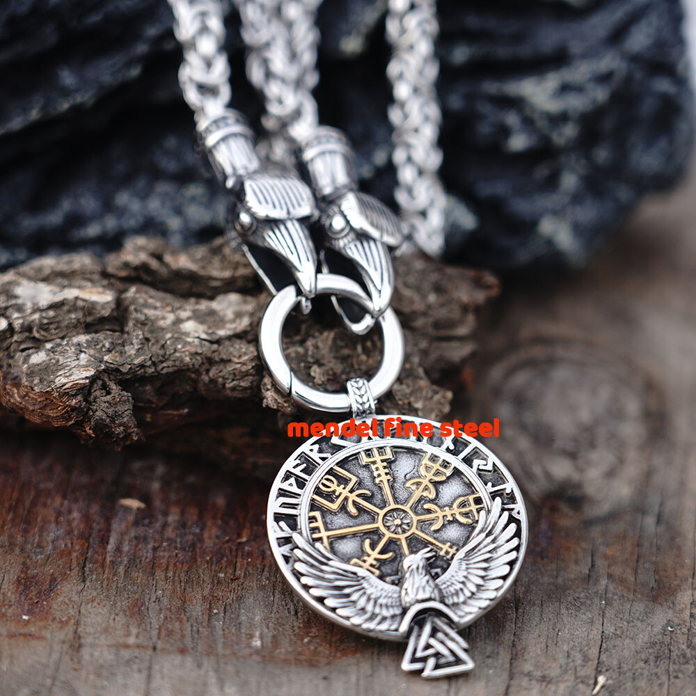 MENDEL Stainless Steel Mens Norse Viking Raven Vegvisir Pendant Necklace For Men