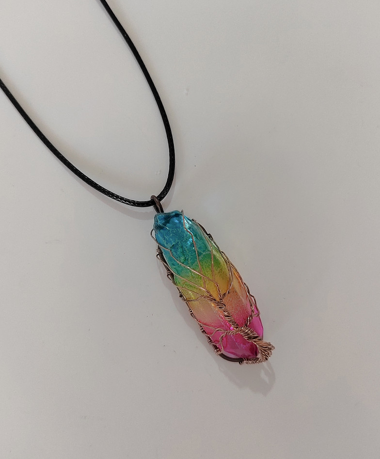 Rainbow Crystal Pillar Necklace Tree of Life Wire Wrap Fashion Jewelry