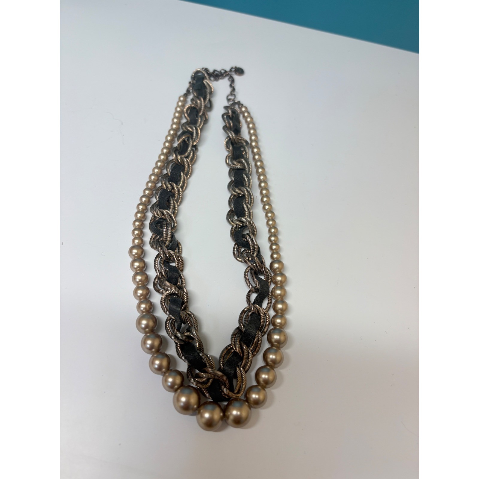 Loft Chunky Multi Strand Necklace Gold Tone Chain Faux Pearl Leather Statement