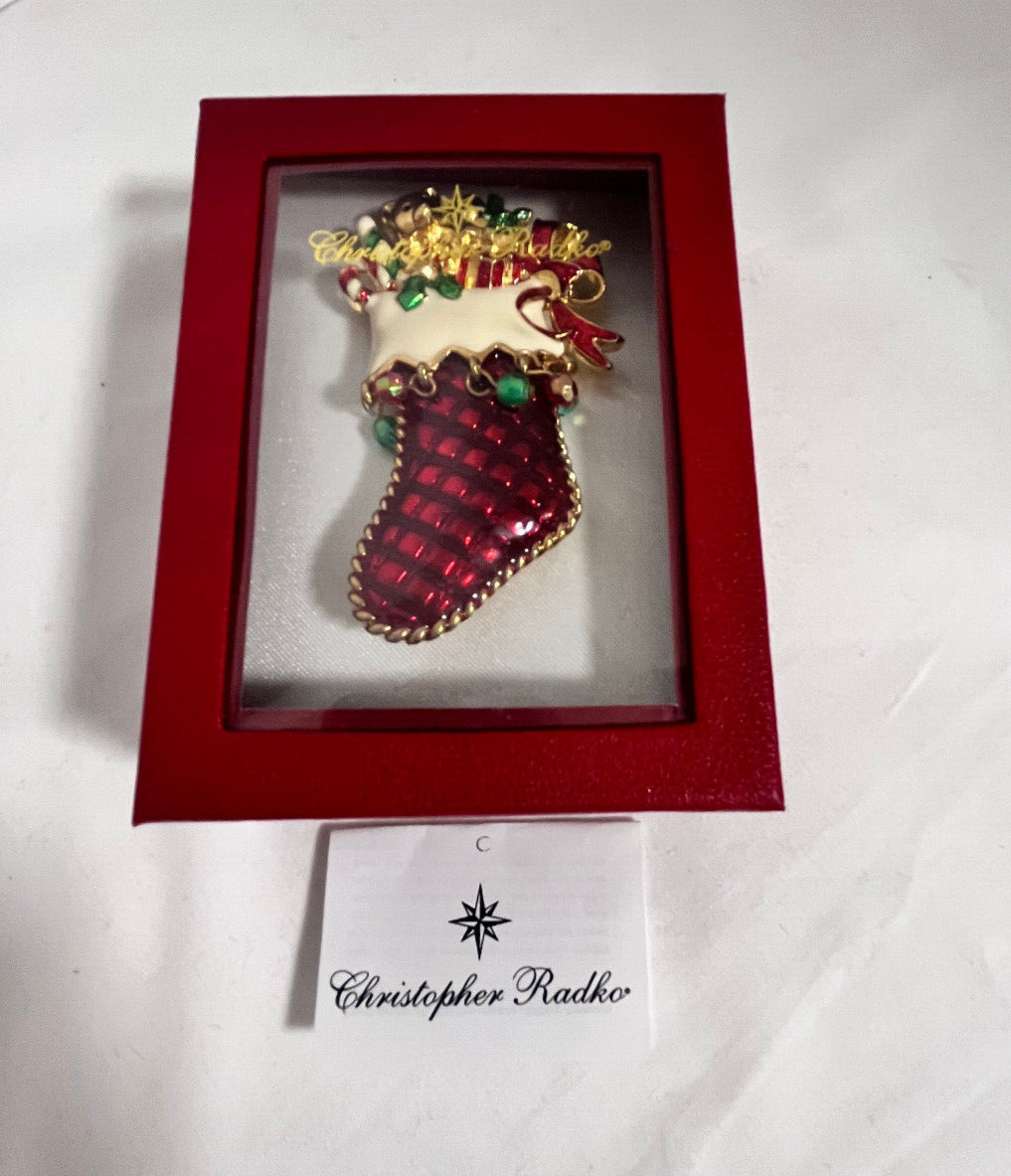 Christopher Radko Pin Christmas Toy Presents Stocking Enamel Red Signed Brooch