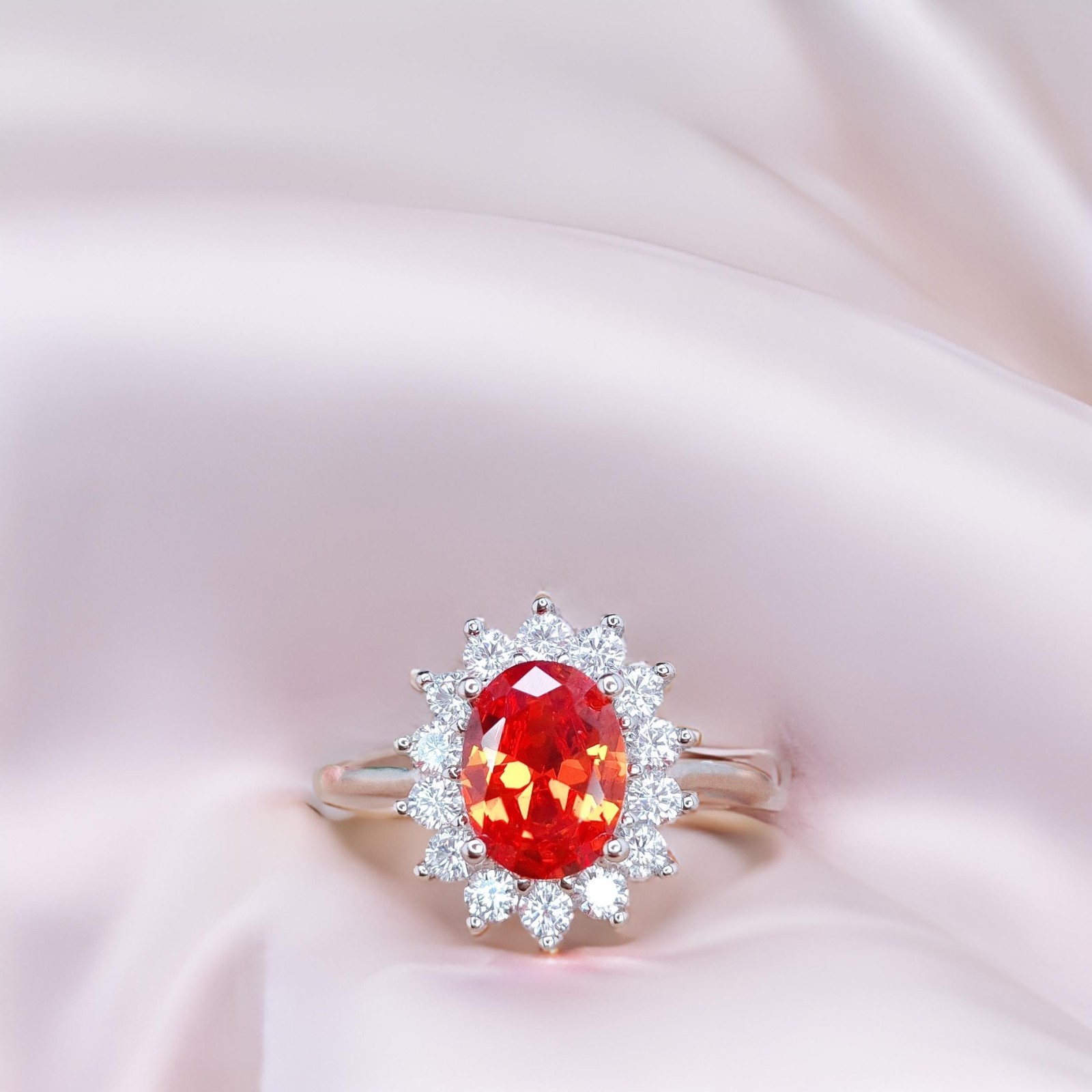 Oval Fiery Orange Sapphire Ring with Moissanite Halo, Sterling Silver