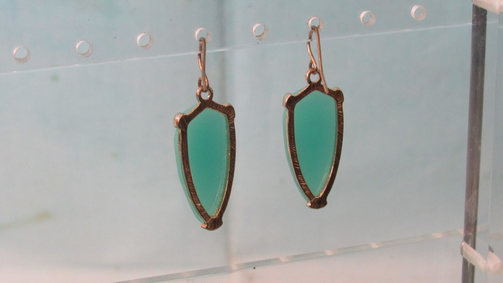 Gold Hook Earrings with a Dangling Aqua Green Bead