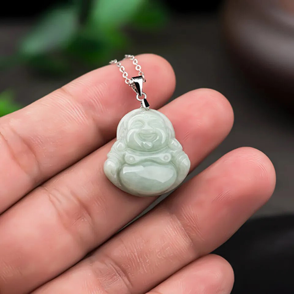 Natural Jadeite Green Jade Handcarve Maitreya Buddha Pendant Necklace Link Chain