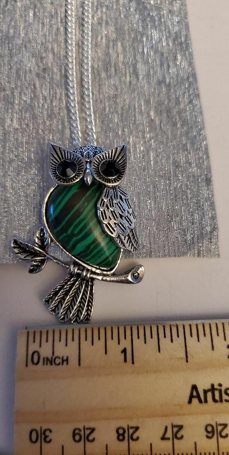 MAN-MADE MALACHITE TIBETAN SILVER OWL CHARM PENDANT NECKLACE
