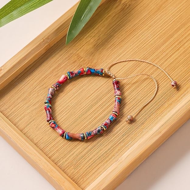 Sea Sediment Jasper Bamboo Shaped Blue Red Beads Woven Healing Gemstone Bracelet