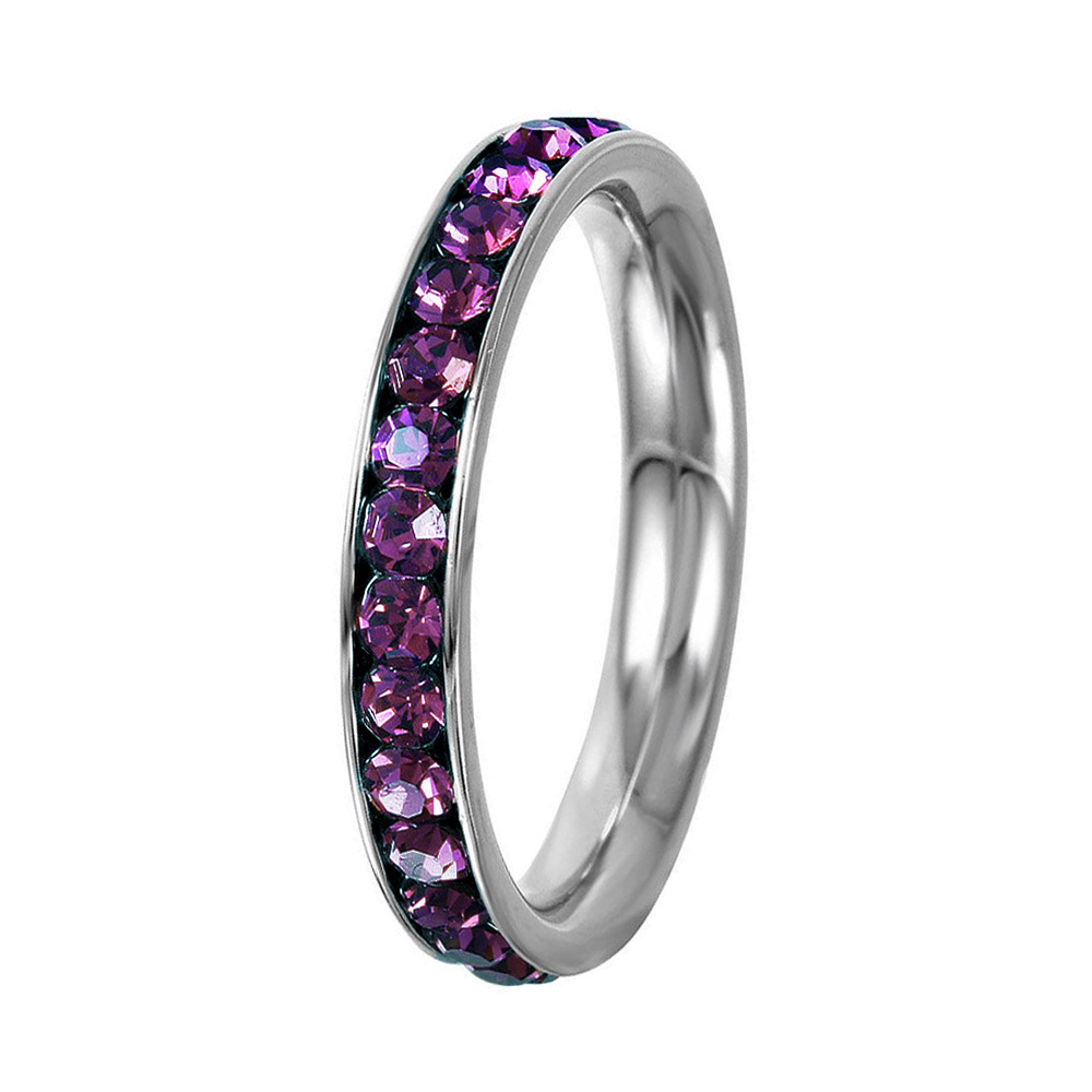 Stainless Steel Eternity Amethyst Crystal February Birthstone Stackable Ring 3MM