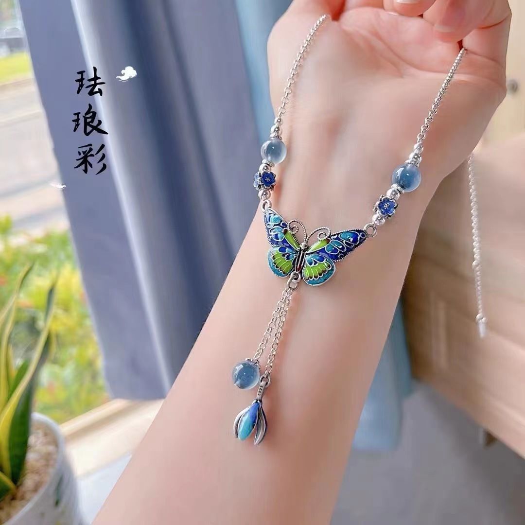 ‌Cloisonne Enamel Butterfly Flower Pendant Necklace Chinese Style Jewelry‌
