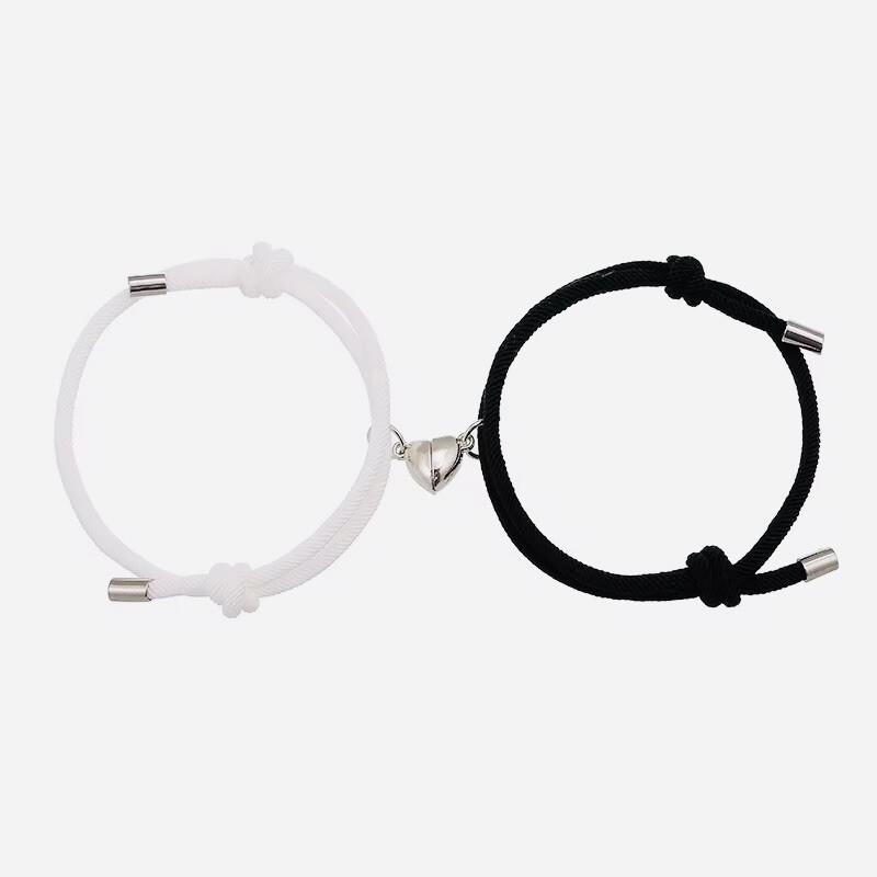 2Pcs Black & White Rope Braided Couple Bracelet Set – Magnetic Heart Charm Jewel