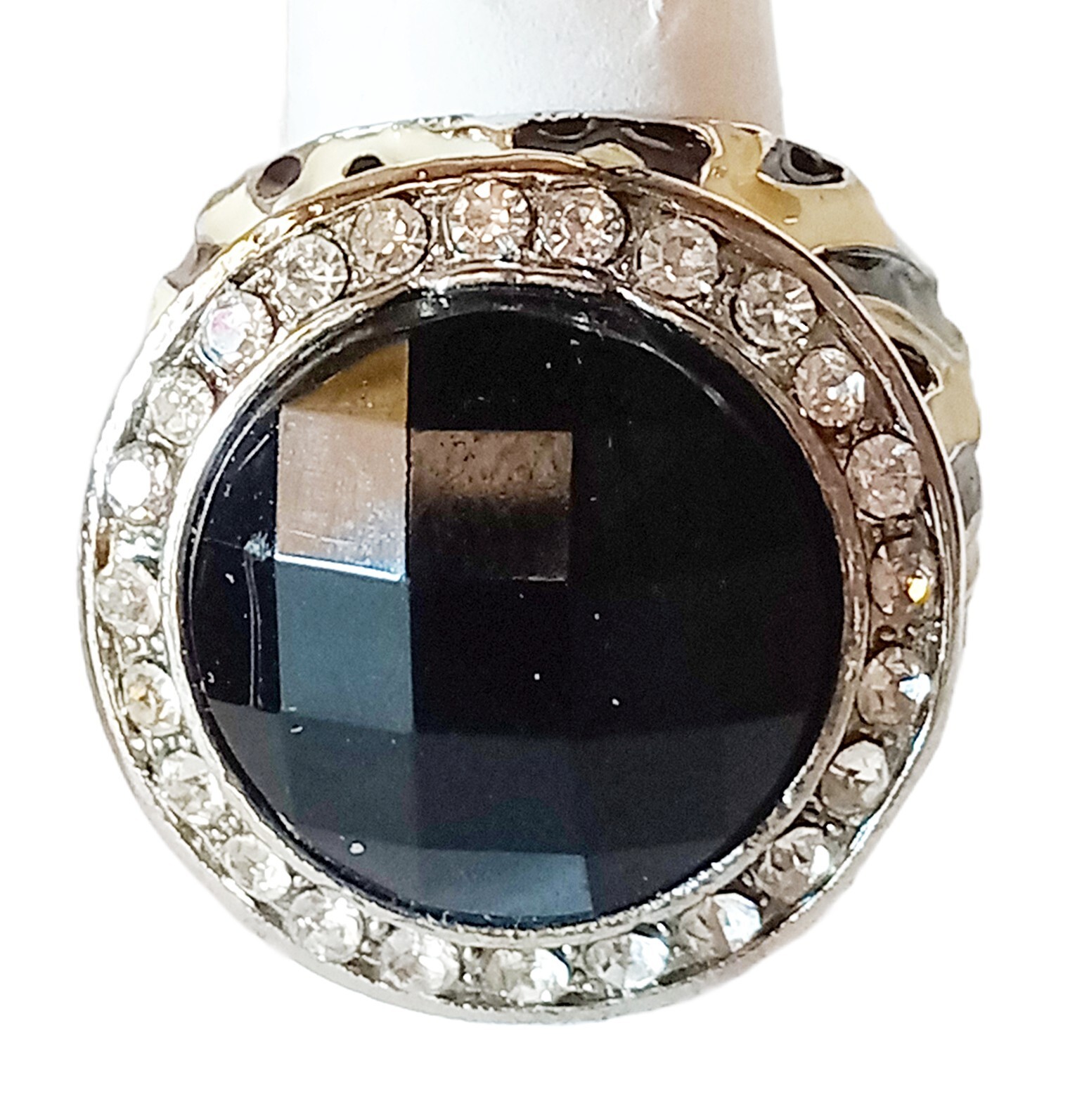 Enamel Zebra Stripe .75″ Round Cut Glass Stone w/ Rhinestone Surround Size 7