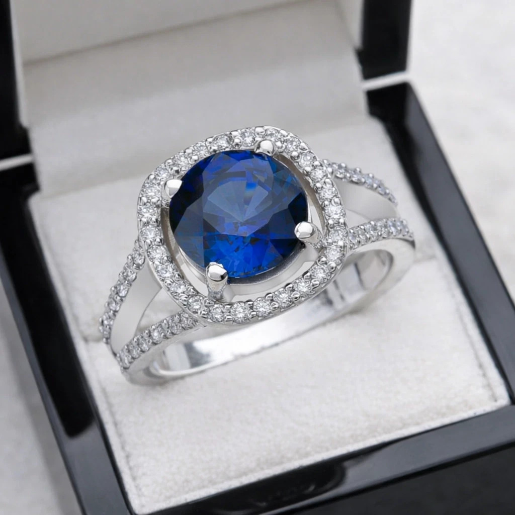 2.50 Ct Round Cut Natural Sapphire & Diamond Engagement Ring 14K White Gold