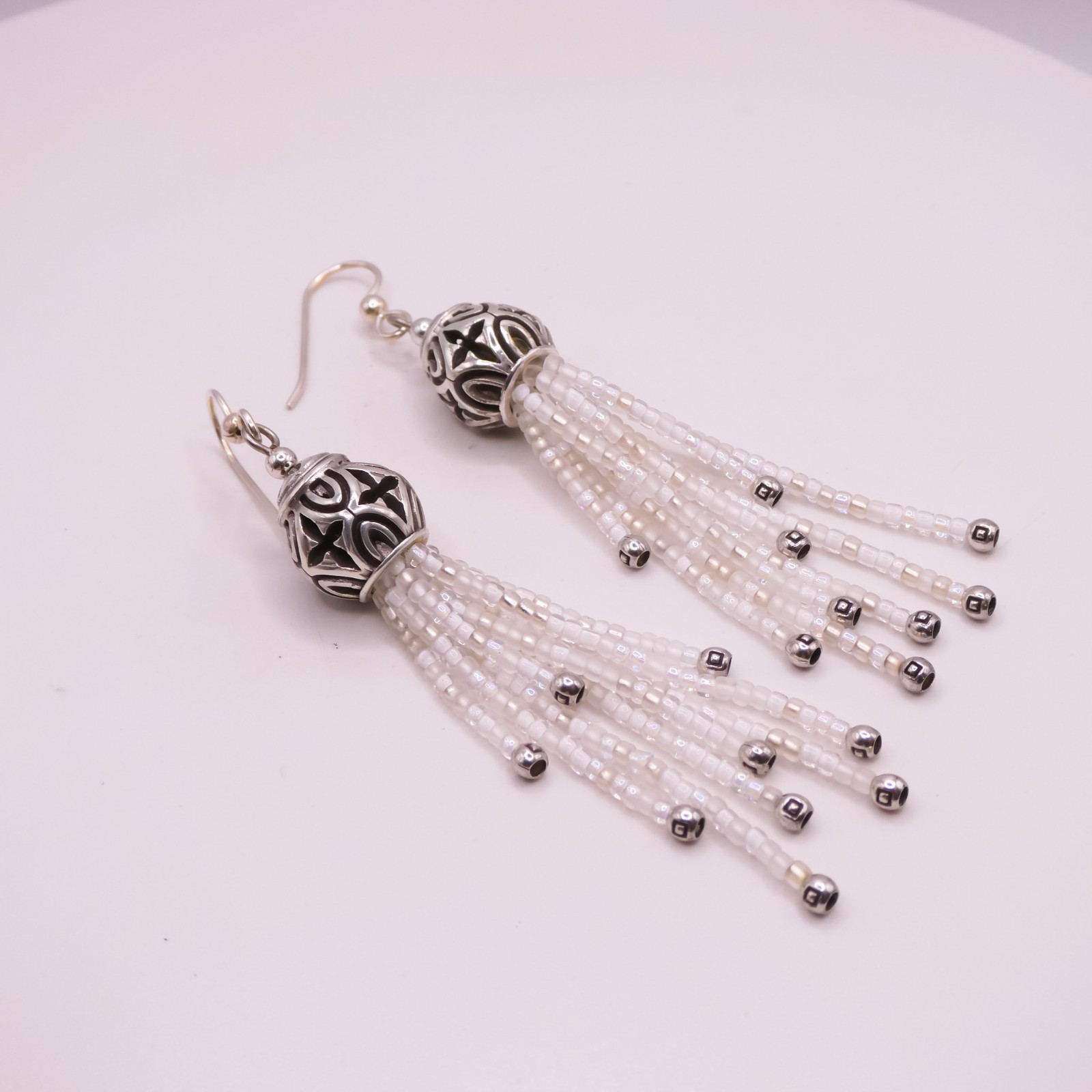 Brighton Boho Roots White Beaded Tassle 3.3″ Womens French Wire Pierced Earrings