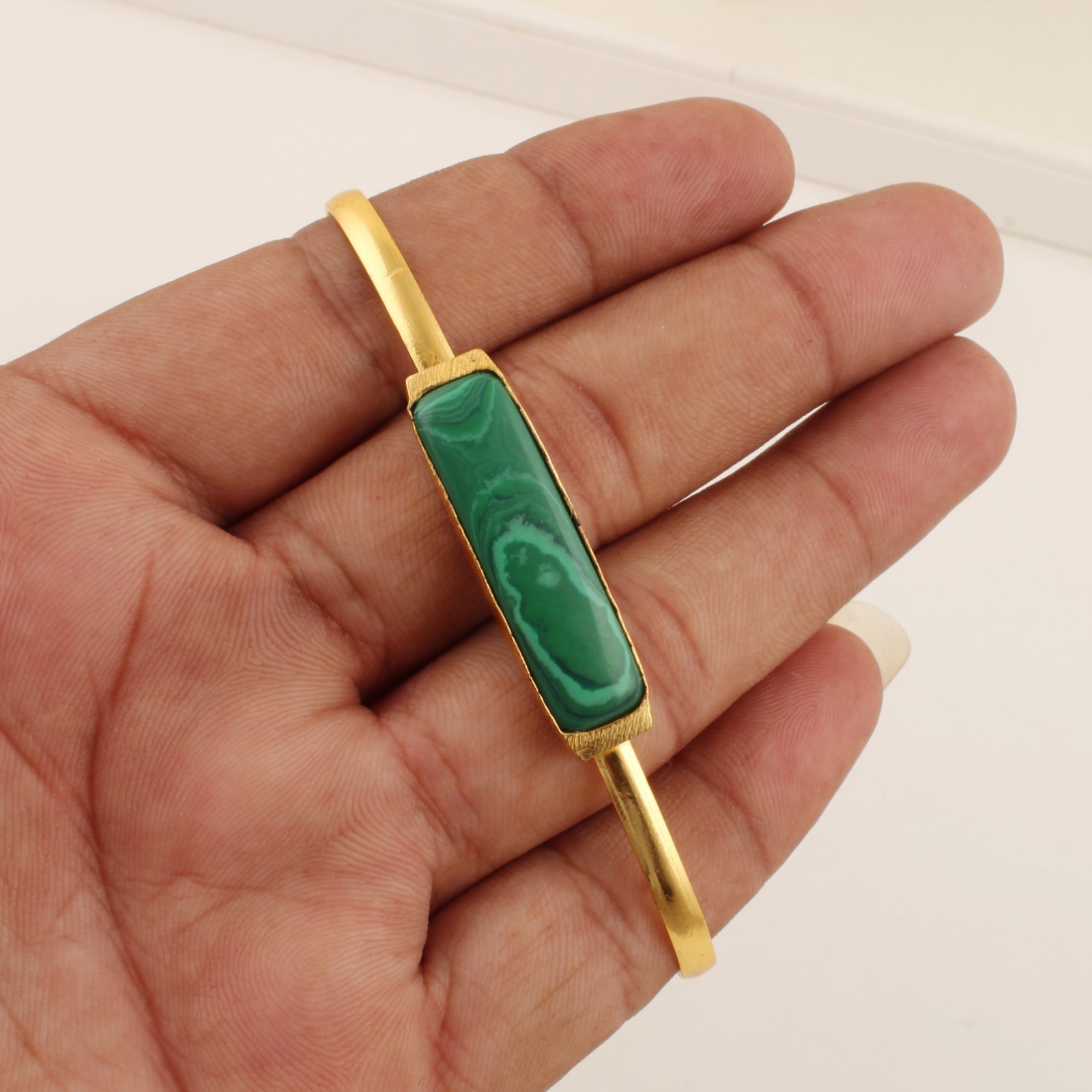 Minimalist Green Stone Gold Kada Bracelet Handmade Malachite Style Bracelet