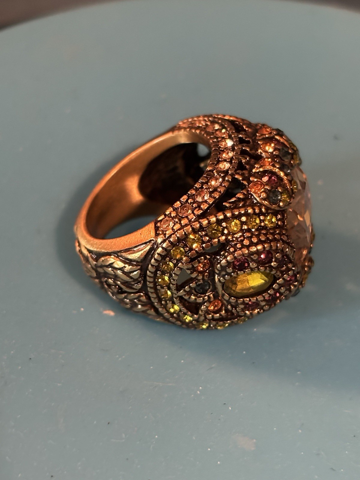 Heidi Daus Signed Adjustable Bracelet & Ring Set Gold Tone Orange Crystal