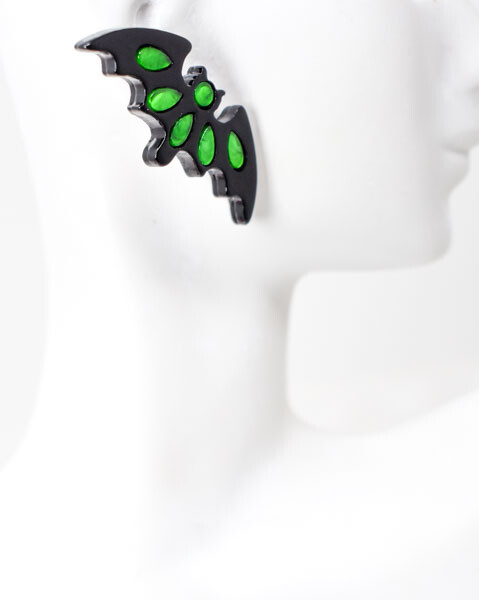 Halloween Theme Flying Bat Neon Green Background Earrings