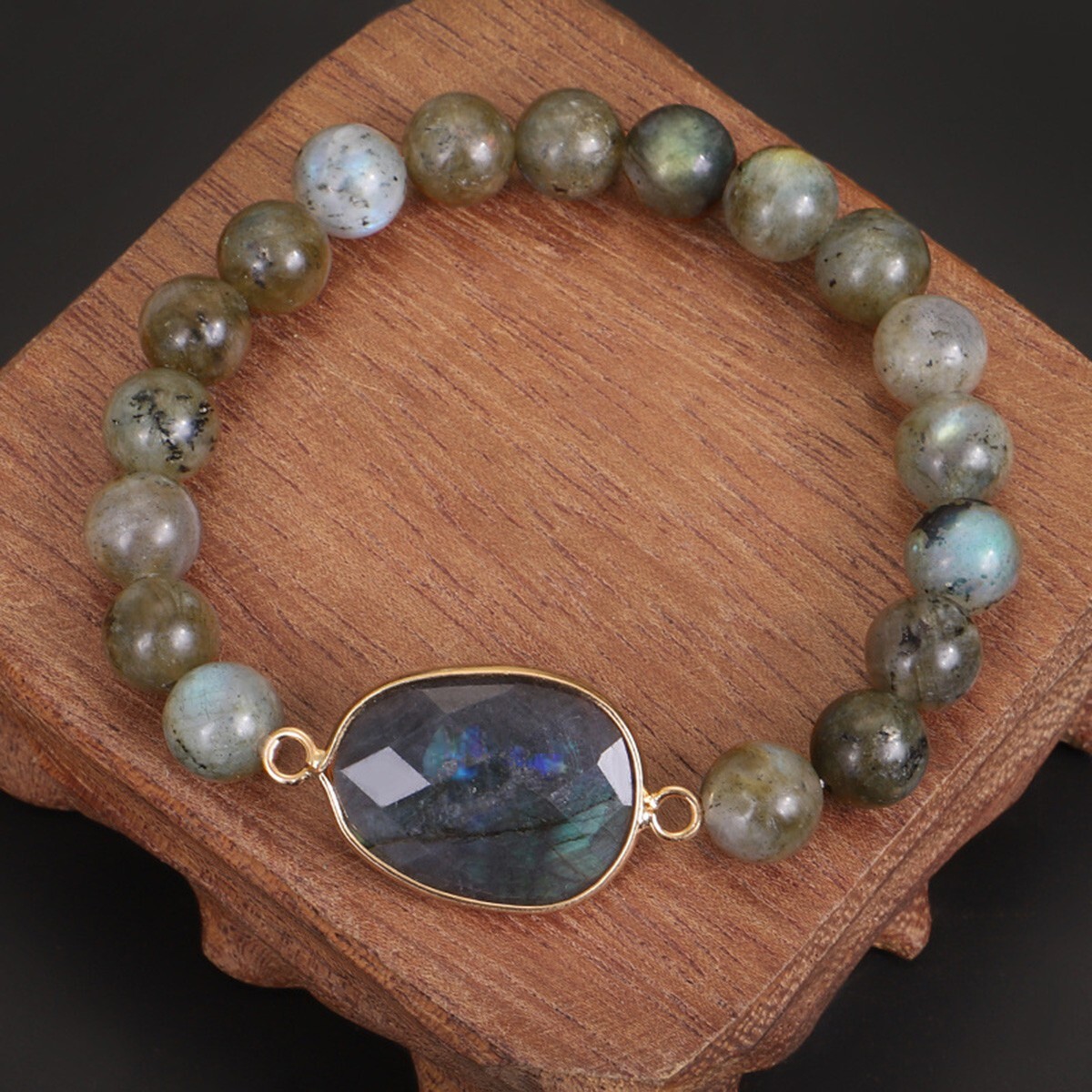 Handmade Natural Labradorite Elastic Stretch Bracelet with Labradorite Raw Stone