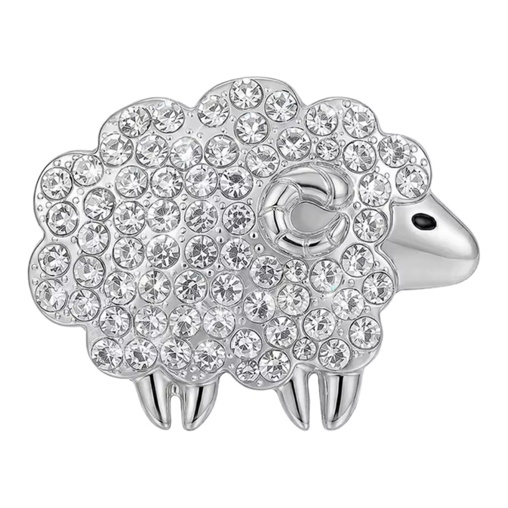 Vintage Crystal Sheep Brooch Pin Silver Tone Rhinestone Goat Animal Jewelry Gift