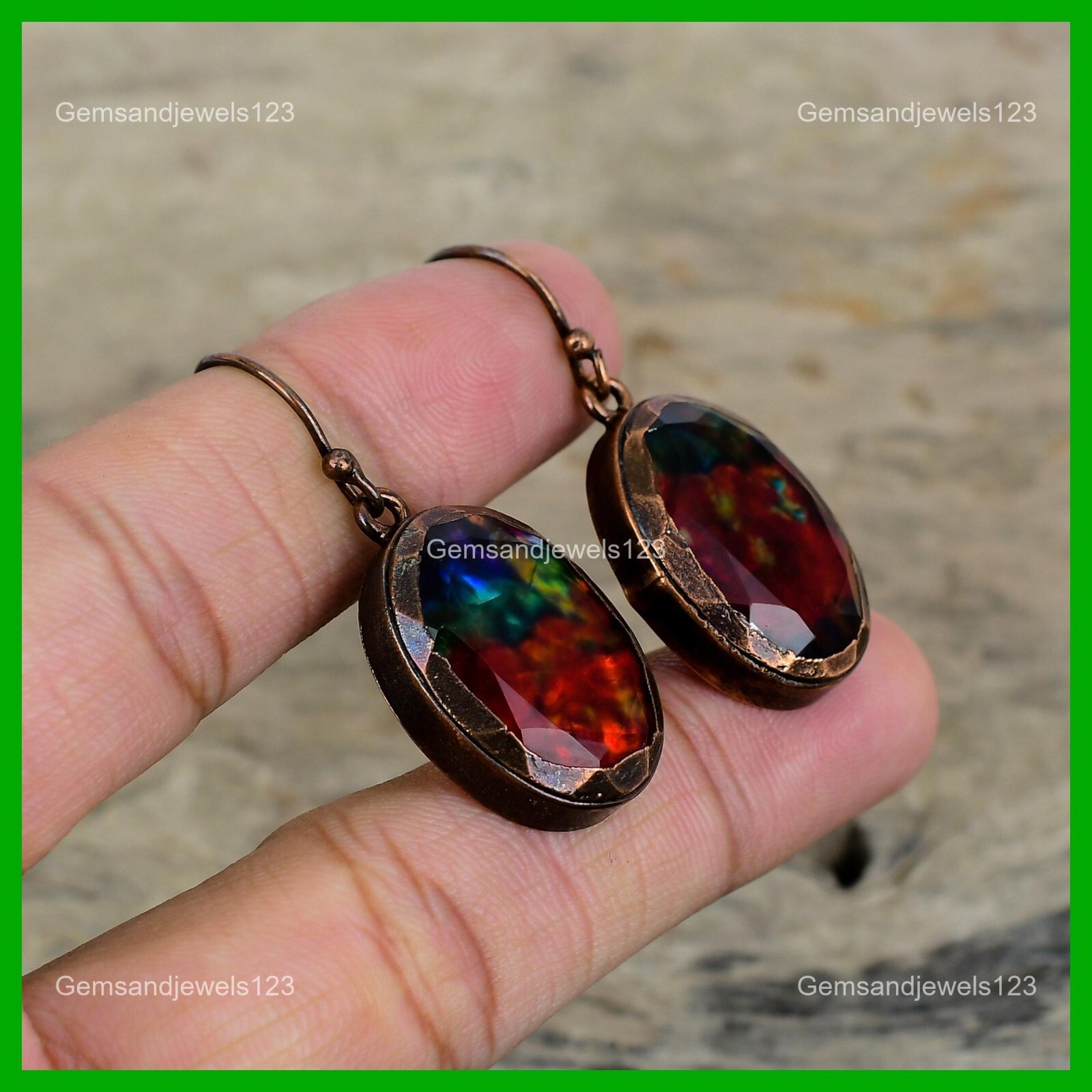 Mothers day Deal Ammolite Stone Dangling Electroformed Earrings Jewelry Copper