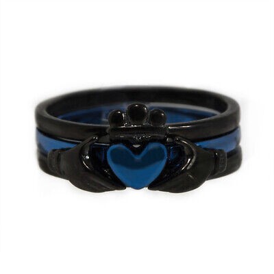 Claddagh Ring Stainless Steel Thin Black IP and Blue IP Line 3 Pc Set Sizes 5-12