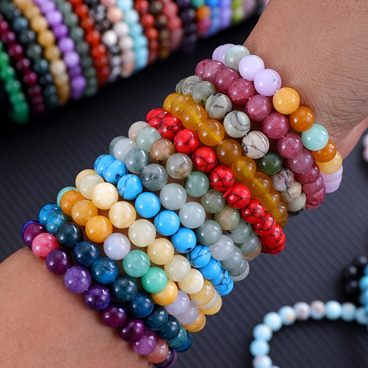 17Pcs Stone & Glass Bead Bracelet Bulk Elastic Set for Men Women Daily Wear Gift