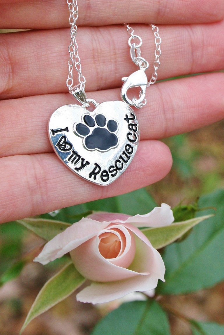 I Love My Rescue Cat Necklace Kitty Lover Adoption Gift .925 Sterling Silver Chn