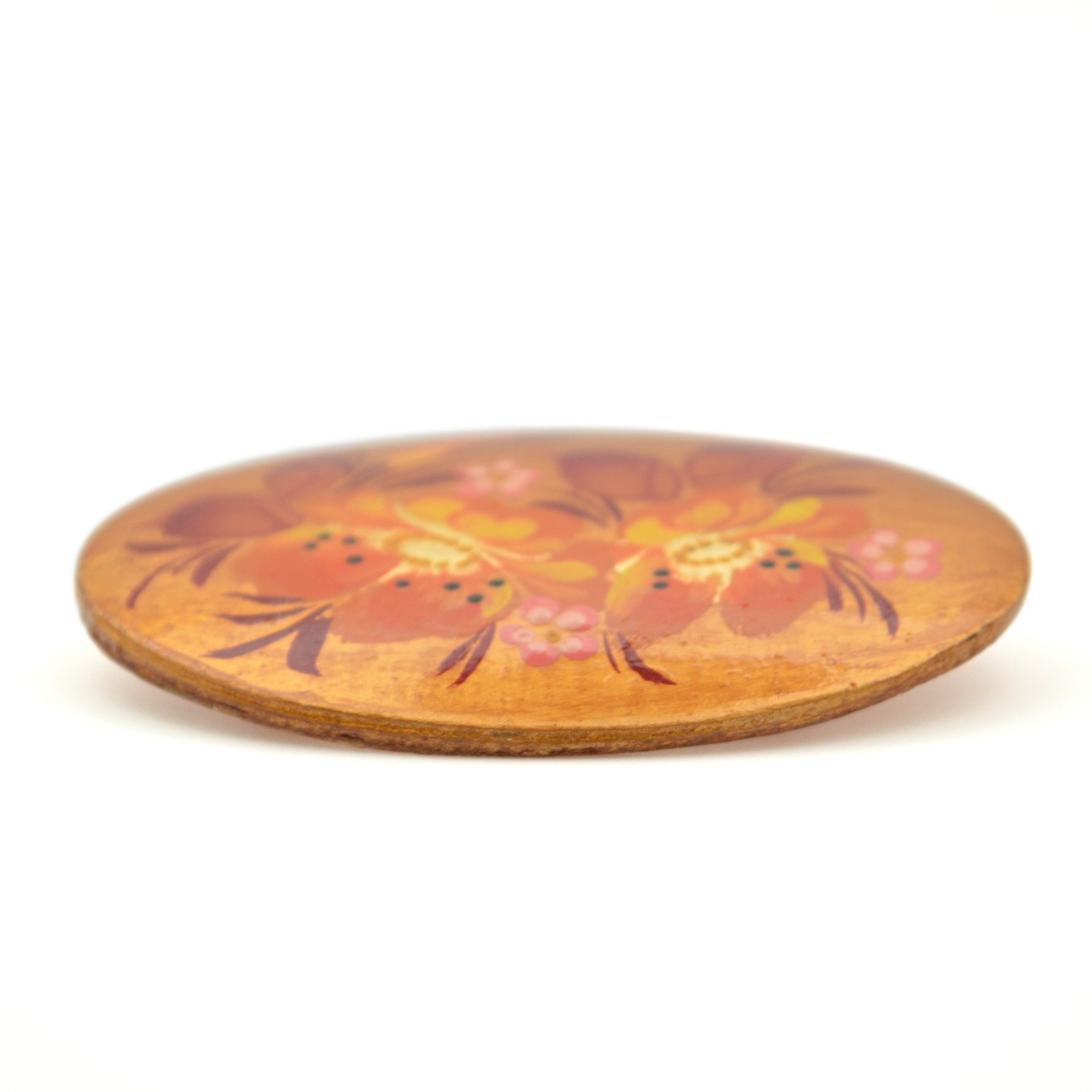 Hand Painted Wood Floral Brooch Pin Signed Solodova 2004 Oval Russian Style