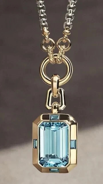 2Ct Emerald Cut Simulated Aquamarine Pendant 18″ Necklace 14k Yellow Gold Plated