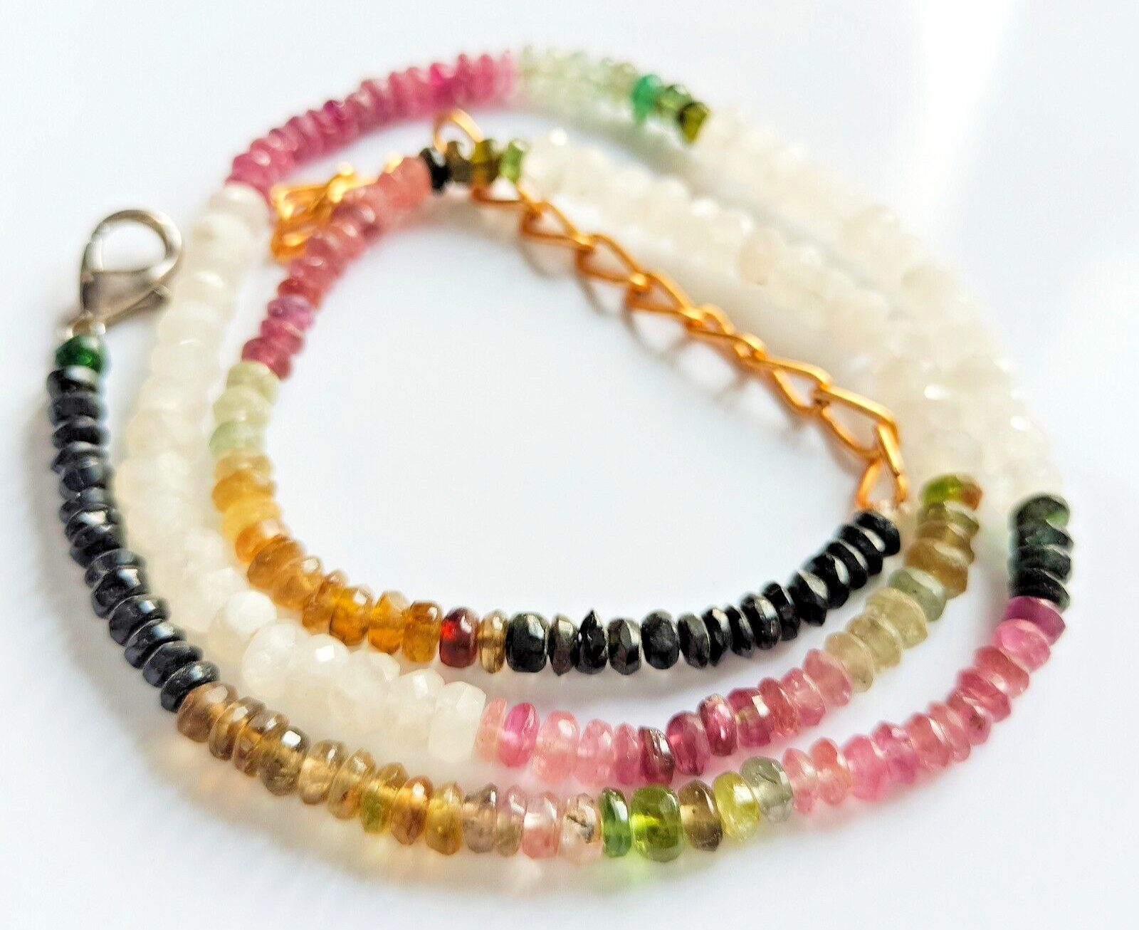 Multi Turmuline & Moonstone Beads Necklace 18 inch Long , 55 cts Gift for Mom,
