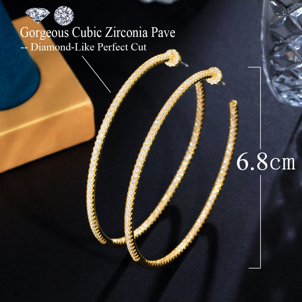 Oversize Silver Plated Cubic Zircon Big Thin Round Loop Hoop Earrings for Women