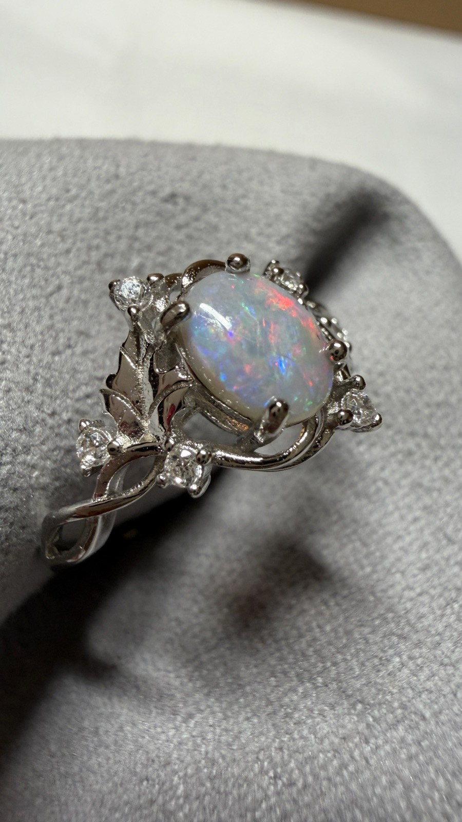 Solid Opal Ring Natural Australian Silver Red Green Fire Fairy Floral Gift #0180