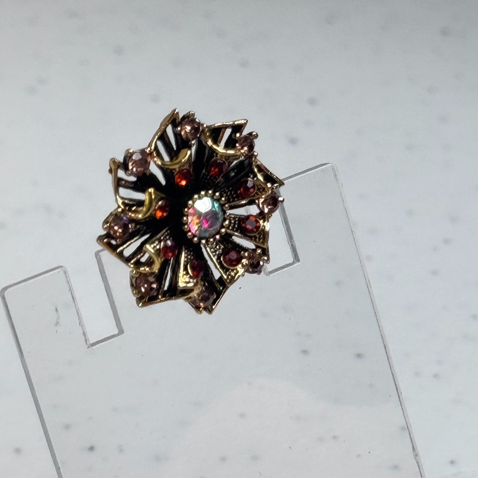 Brooch Red Rhinestone Aurora Borealis Floral Gold Tone Layered Flower 1576-6