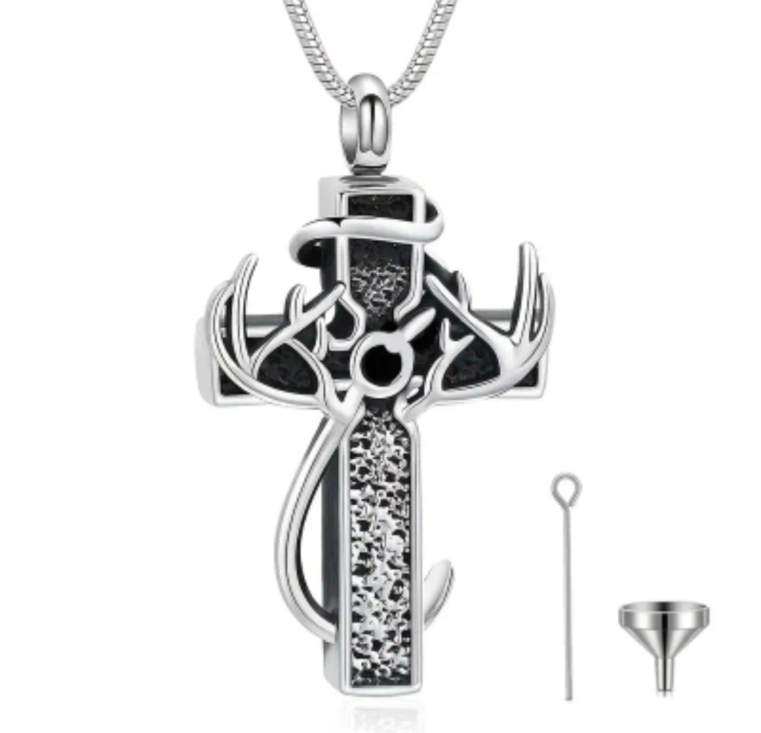 Cremation Jewelry Cylinder Urn Cross Stainless Necklace Pendant for Ashes Hunter