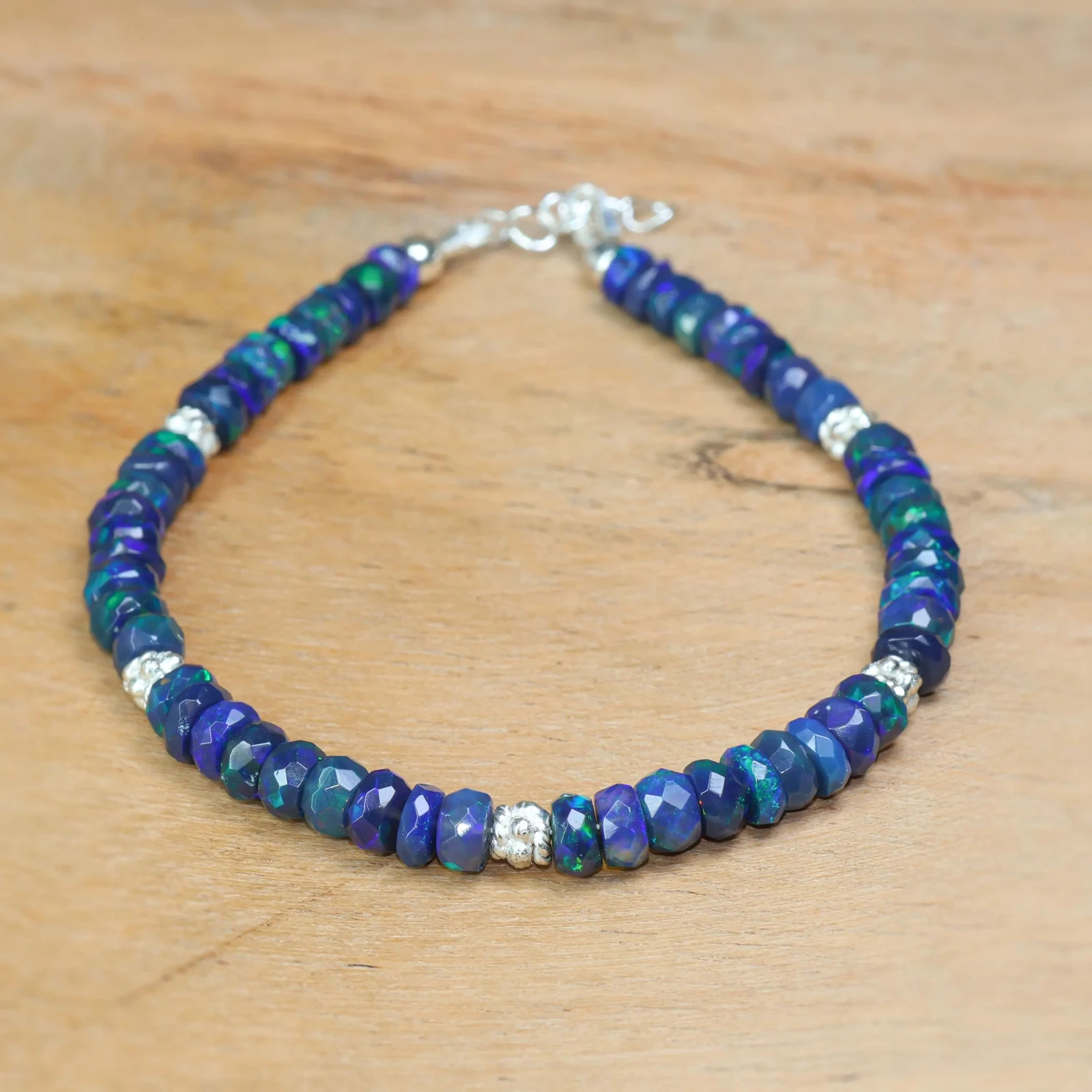 Dark Blue Fire Opal Faceted Beads Bracelet, Natural Opal Beaded Silver Bracelet
