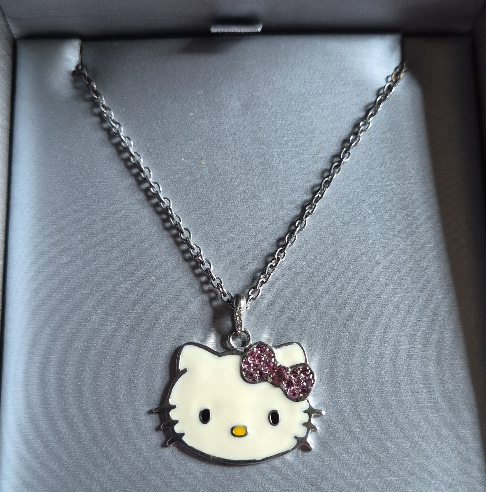 Hello Kitty Silver Cable Chain Necklace Pink Crystal Enamel Charm Head Pendant