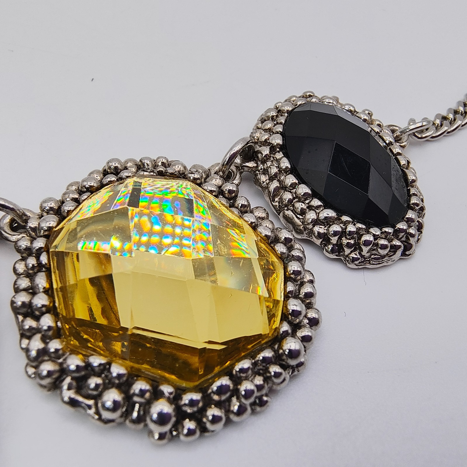 Y2K Retro Glam Statement Necklace Silver Tone Acrylic Rhinestone Boho Chic