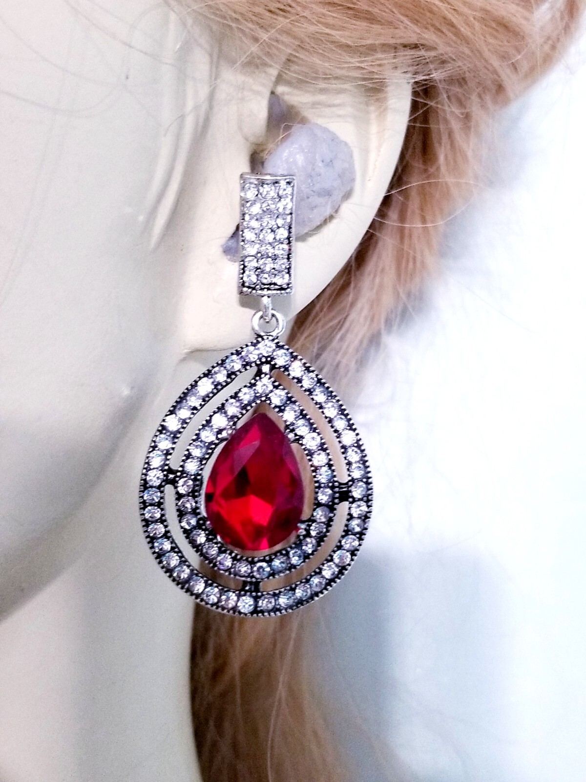 Bridesmaid Drop Dangle Chandelier Earrings 2.4 in Red Rhinestone Pageant Prom