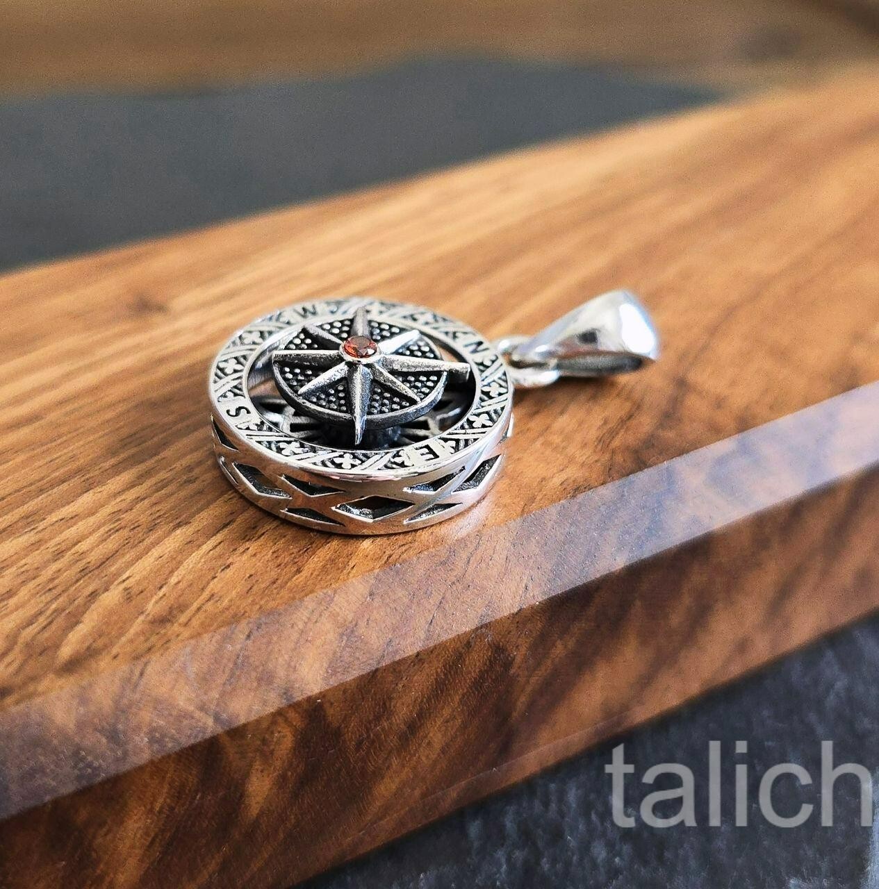 925 Sterling Silver Small Round Compass Pendant with Spin Star & Red CZ Unique