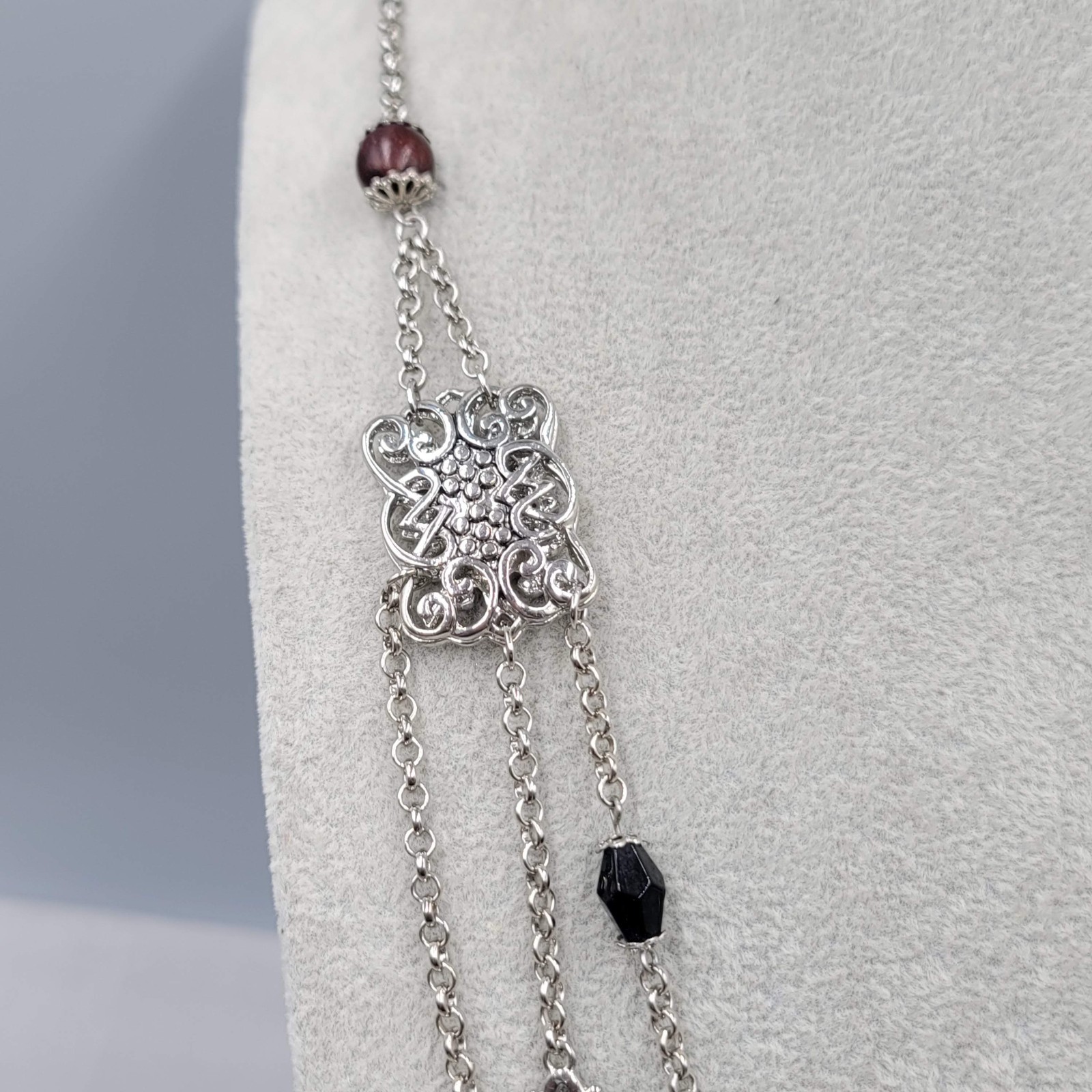 Wood Bead Layered Chain Necklace Silver Plated Filigree 34″ adj