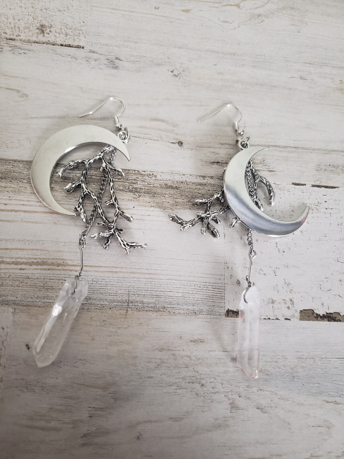 Crescent moon earrings tree branches quartz boho hippie pretty cute love witch