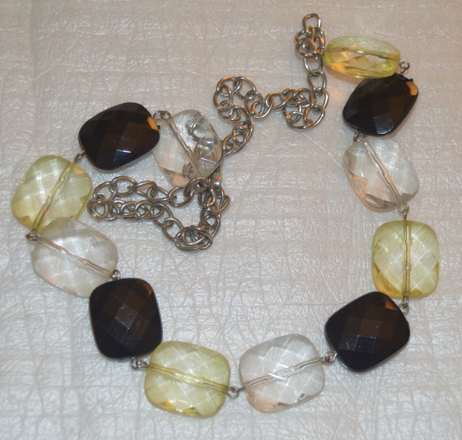Black, Yellow & Clear Rectangle Bead Necklace on Silver Chains