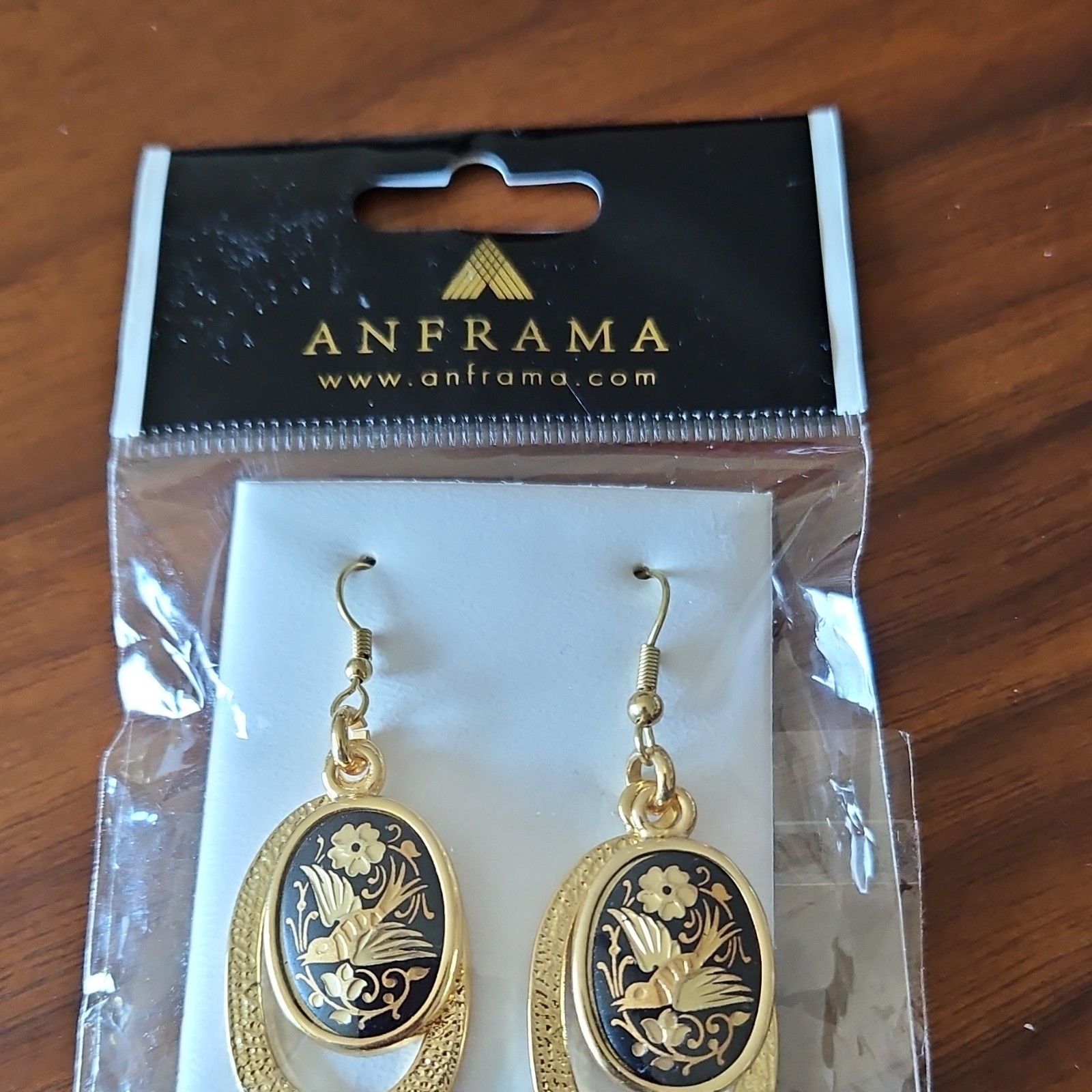 ANFRAMA Gold Tone Black Floral Oval Dangle Hook Earrings Made in Spain