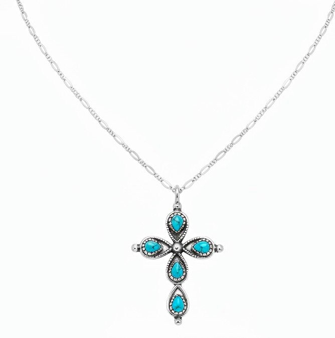 Silver Tone Synthetic Turquoise Teardrop Cross Pendant Necklace Cable Chain