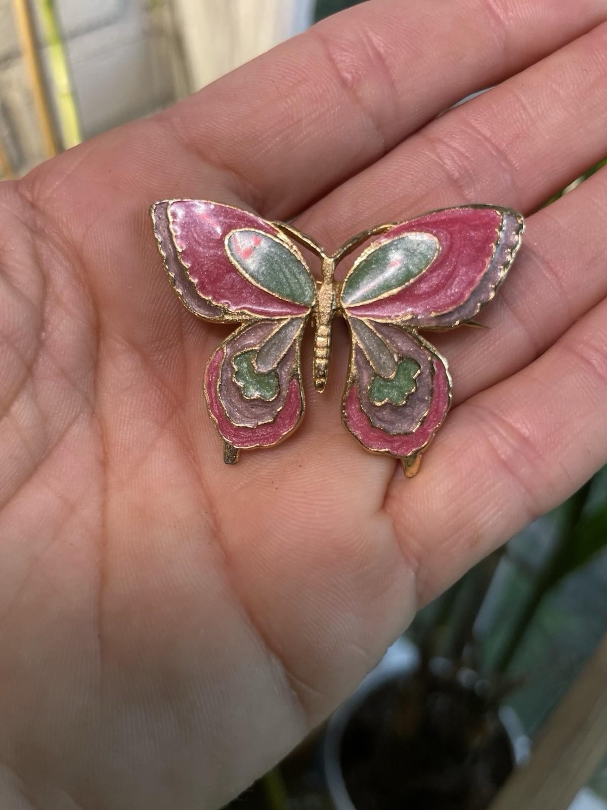 Vintage Cloisonne Enamel Butterfly Brooch Pink Green Gold Tone Statement Pin