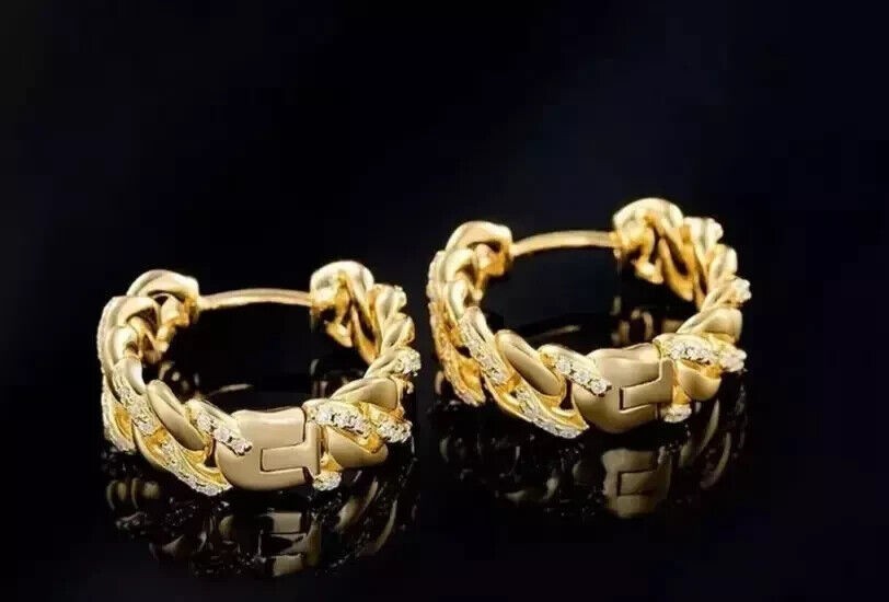 925 Silver Round Cut Simulated Diamond Fancy Hoop Earring 14K Yellow Gold Plated