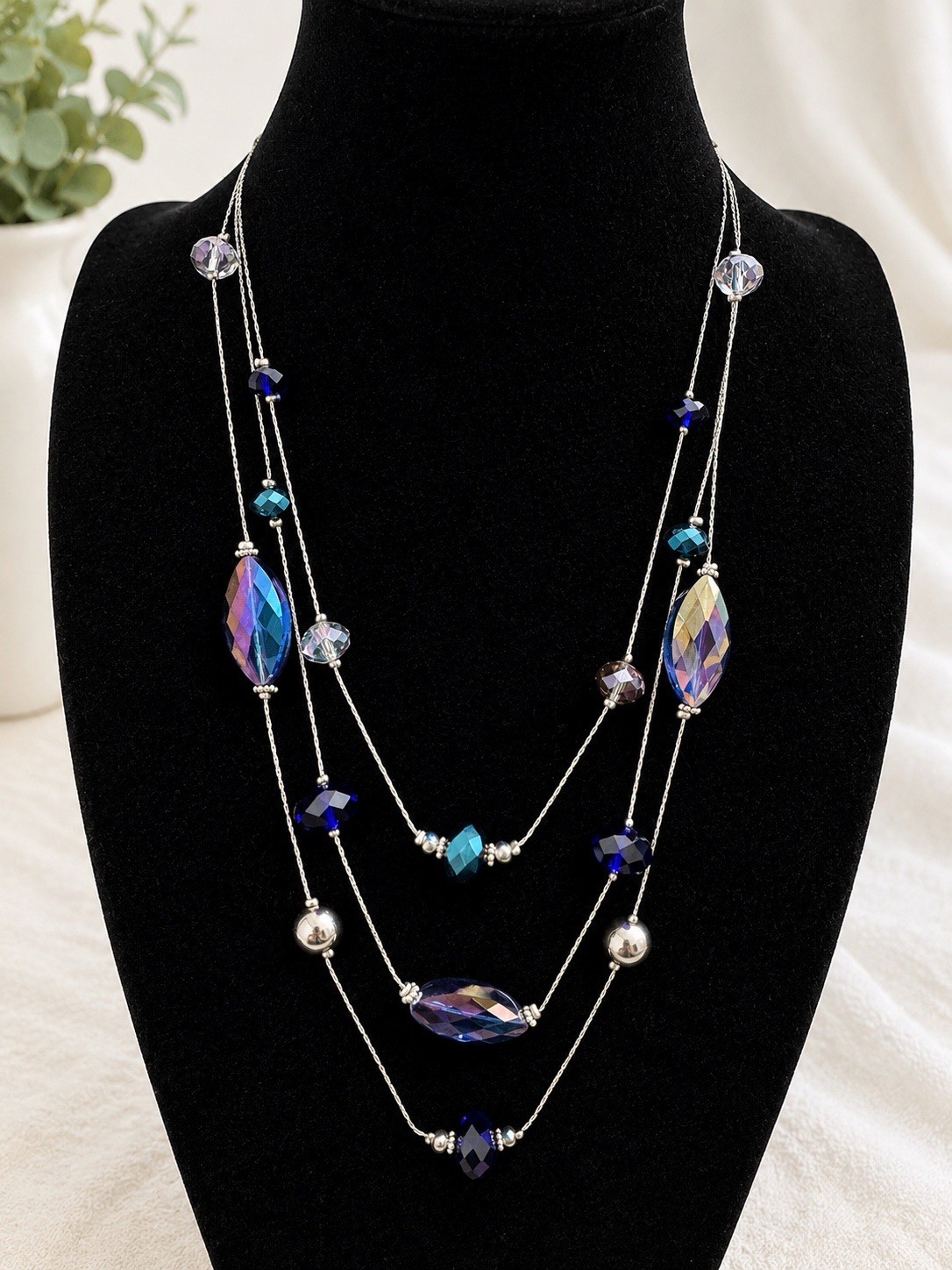 Layered Blue AB Crystal Beaded Necklace Silver Tone Long Statement Necklace