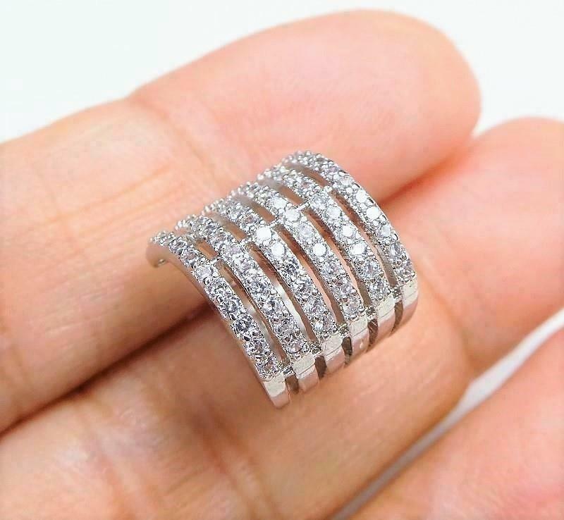 SINGLE SIDE Silver or Gold CZ Pave Lines Stripes Earring Ear Cuff Non Piercing
