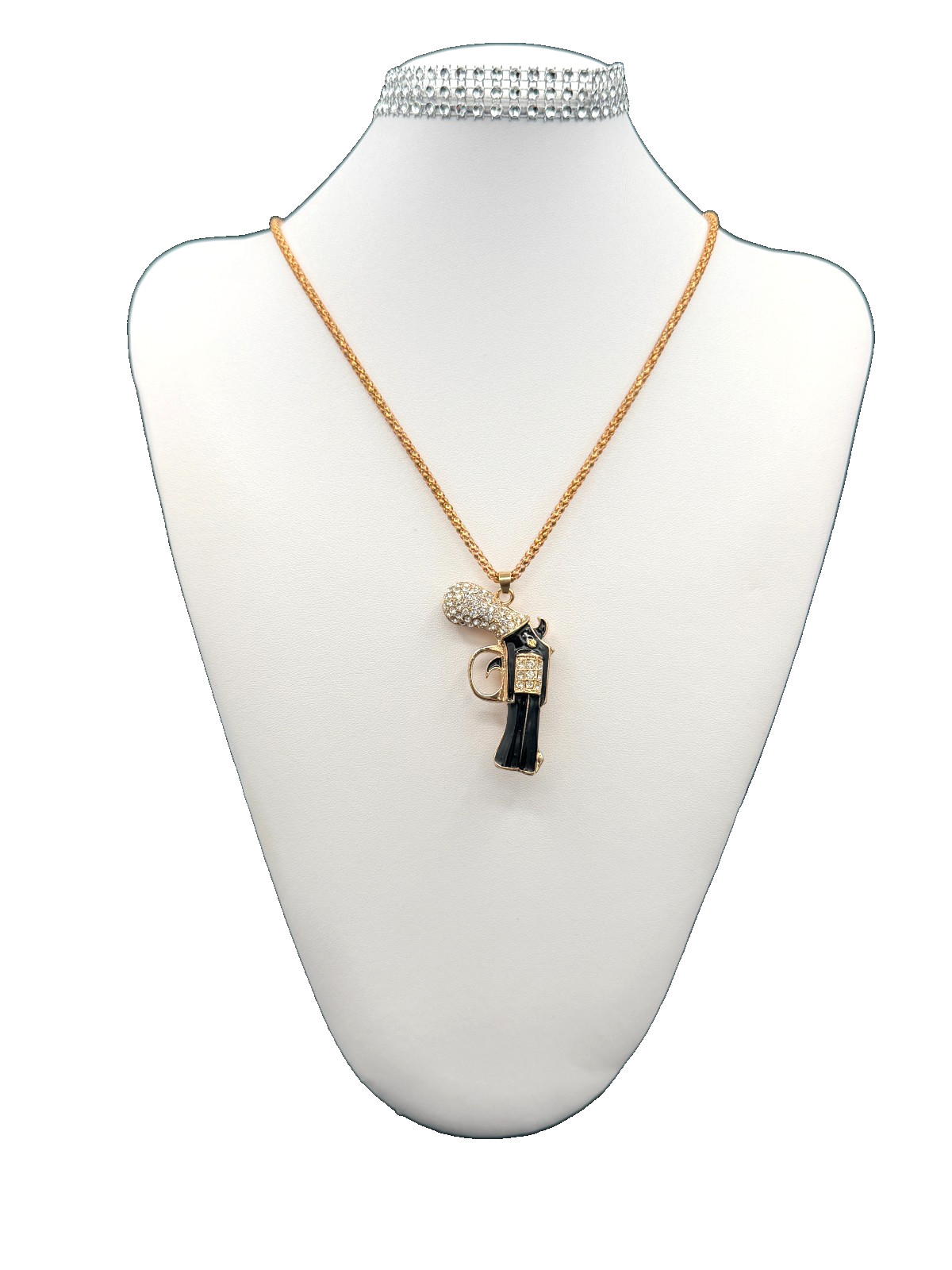 Betsey Johnson Necklace Gun Pistol Gold Green Enamel Gun Pistol Crystals | 28in