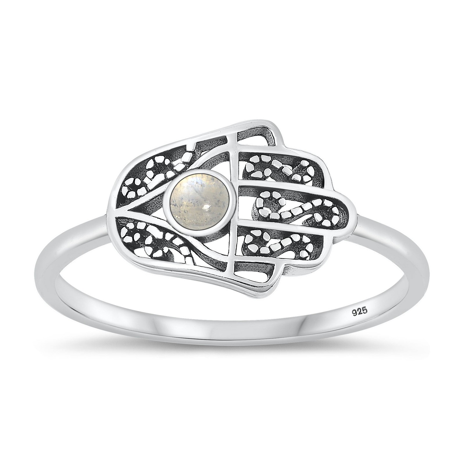 Moonstone Cute Hamsa Ring New .925 High Polished Sterling Silver Band Sizes 4-10