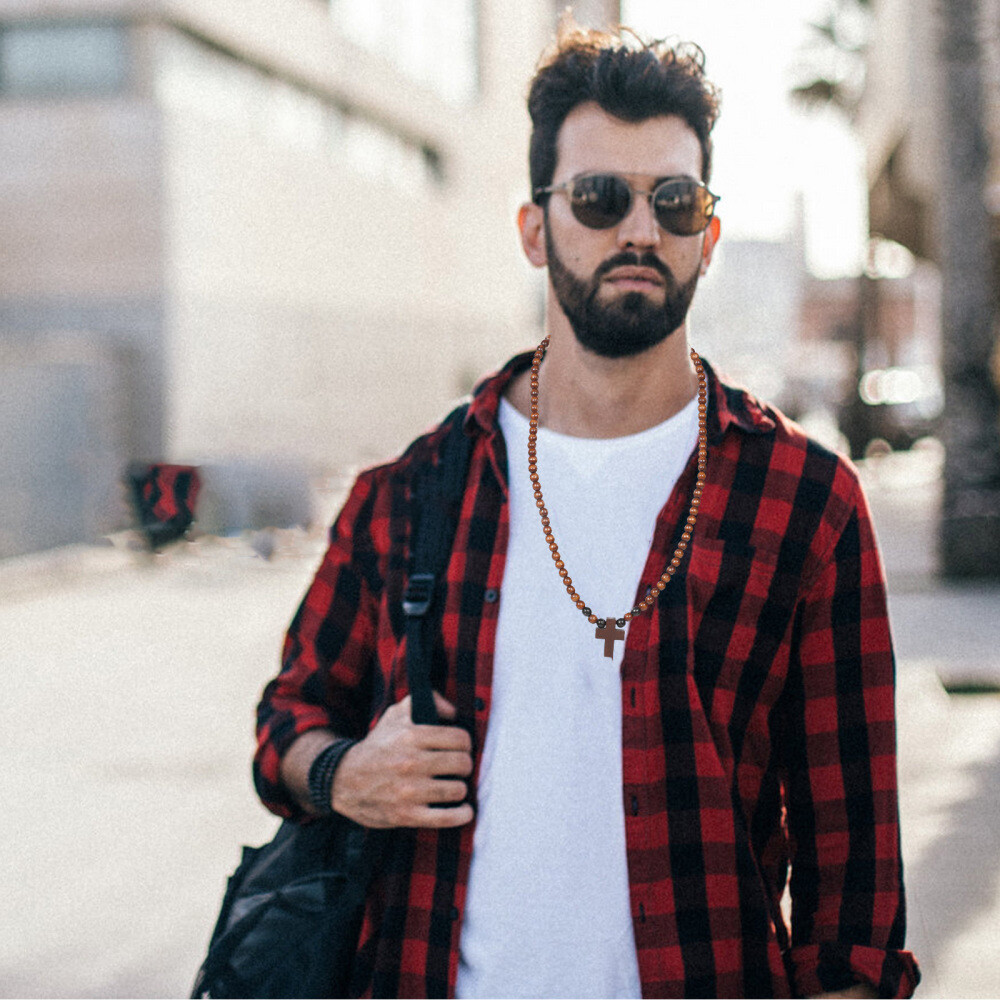 Wooden Cross Necklace For Men Beaded Chain Necklace Rosary Trendy Necklace