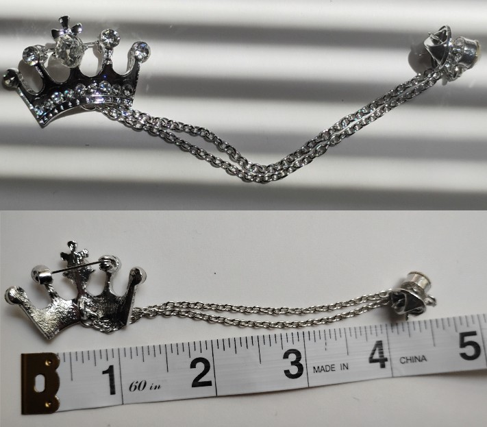 Royal Silver Toned Crown Double Chained Brooch Elegant Quee Princess Jewelry