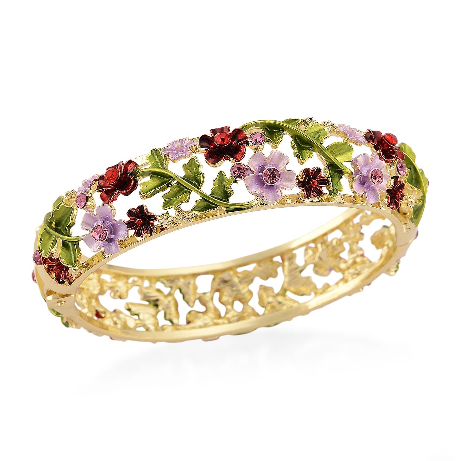 Red Pink Crystal, Multi Color Enameled Floral Bangle Bracelet Goldtone 7-7.5In